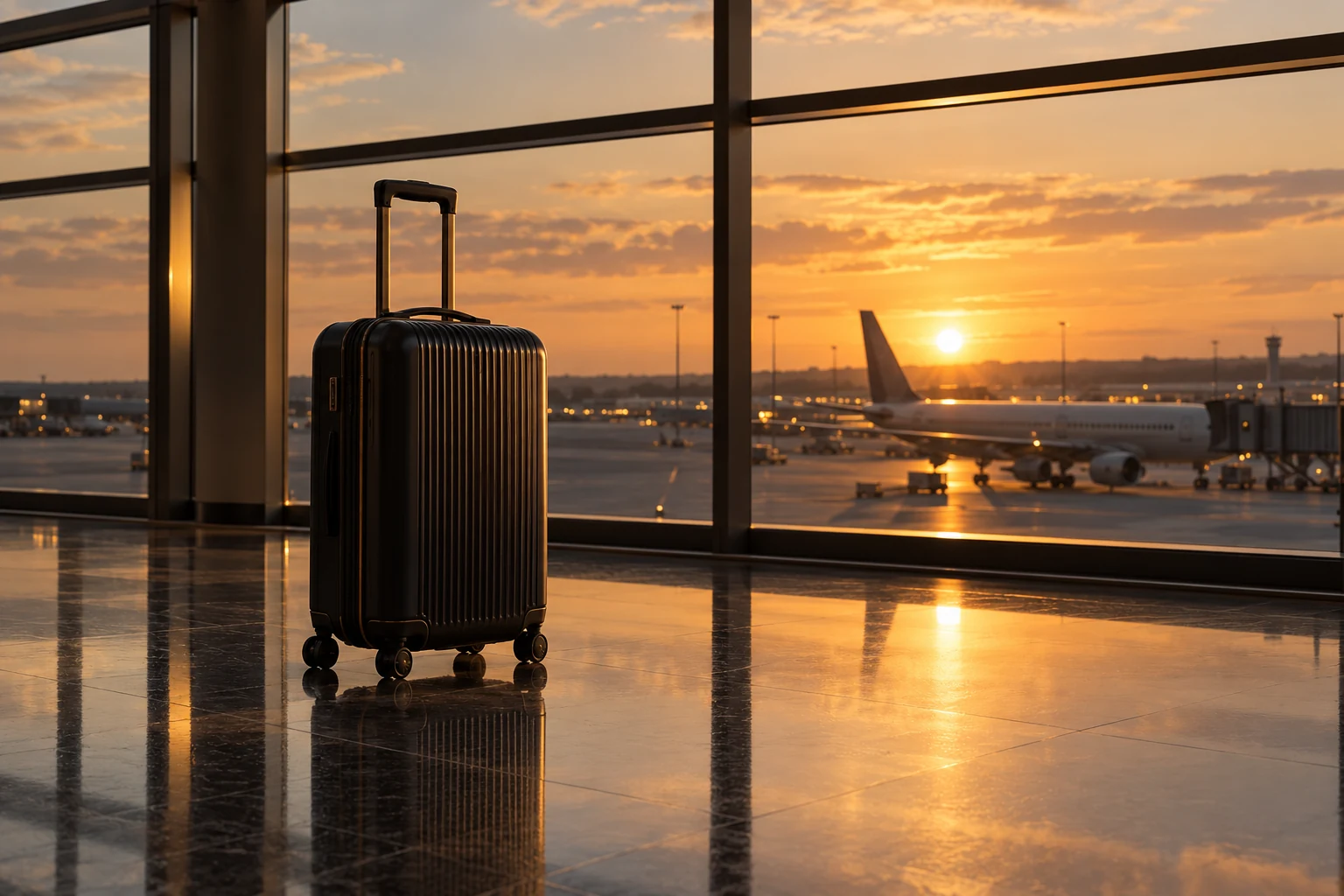 Suitcase in an airport terminal at sunset