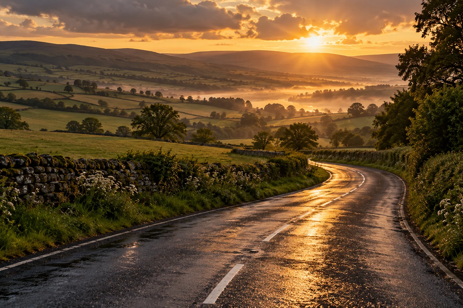 A winding countryside road in warm evening light