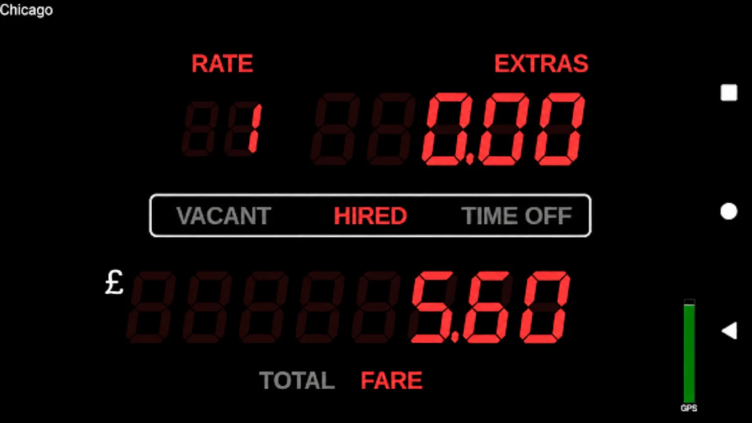 Example taxi meter showing Tariff 1, no extras and a total fare of £5.60