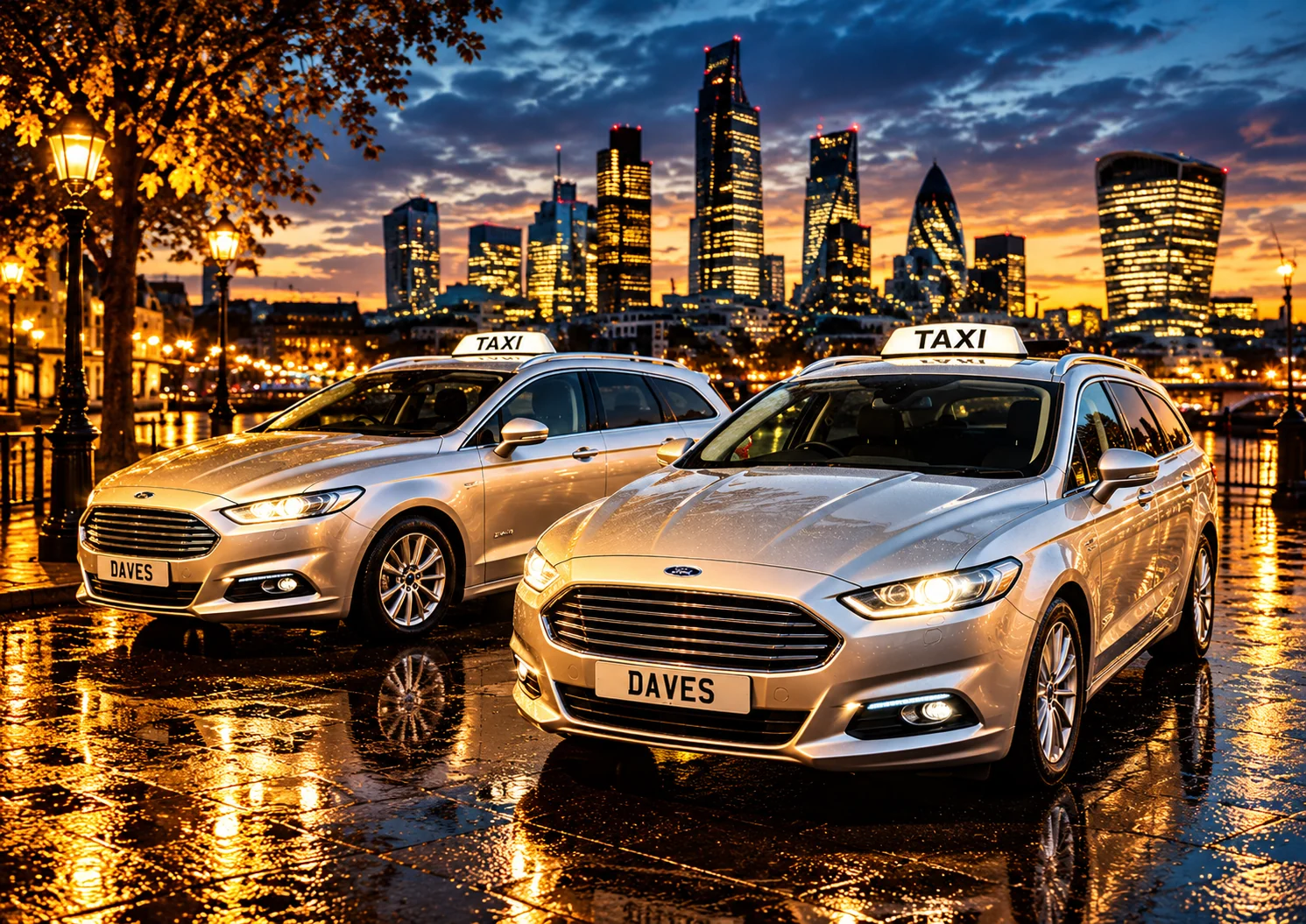 Two silver Dave’s Taxis estate cars with DAVES number plates beside a city waterfront at dusk
